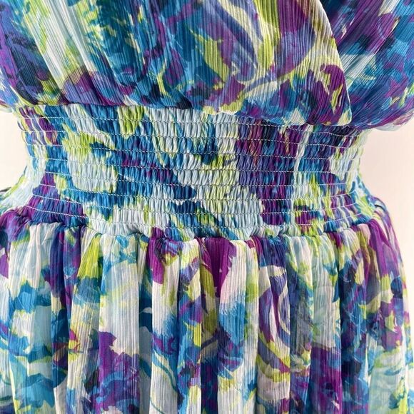 Ashro Lavita Blue Floral V-Neck Dress 1X 16/18 Smocked Waist Short Sleeve - Picture 5 of 16